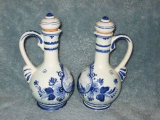 Vintage Delft Holland Blue WINDMILL SCENE Porcelain 5 1/2 Inch Cruet Oil & Vinegar Set w/ Cork Tops Oil Bottles Kitchen & Dining