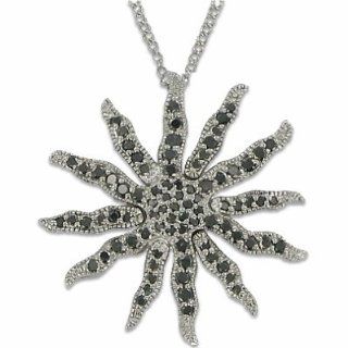 Sterling Silver Sunburst Necklace Set with Black Cut Diamonds on 18" Chain Ramona Singer Jewelry