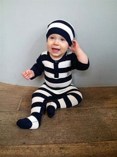 navy/cream stripe knit bodysuit and hat set by bamboo baby