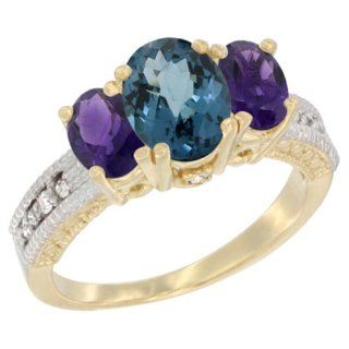10K Yellow Gold Ladies Oval Natural London Blue Topaz Ring 3 stone with Amethyst Sides Diamond Accent Jewelry