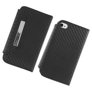 Black Gray Carbon Fiber Leather Folio Pouch Cover Case for Apple iPhone 4 4S Cell Phones & Accessories