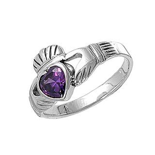 Sterling Silver Purple Amethyst Heart CZ Irish Claddagh Ring (Size 6) Jewelry