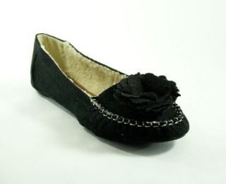 Soda Shoes Suede Flat with Flower (Moccasin Style)   Edita S Black, Oatmeal or Charcoal Shoes