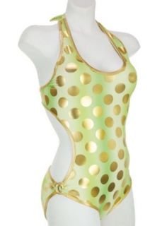 Lime Green with Gold Polka Dots Halter Monokini Swimsuit with Low Rise Bottom (X Large)