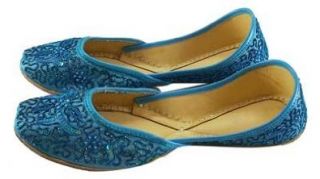 Womens Zari Embroidered Indian Shoes Handmade Leather Jutti / Mojari (Blue, 11) Shoes