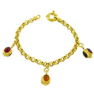 Carnelian, Amber, Tourmaline 14 Karat Yellow Gold Charm Bracelet 7.5 inch Jewelry