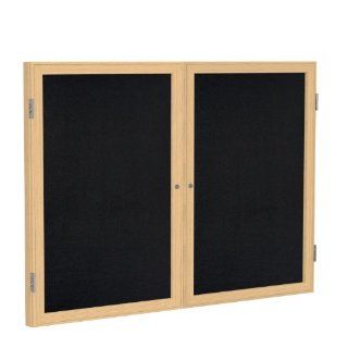 2 Door Wood Frame Enclosed Recycled Rubber Tackboard Size 36" H x 60" W x 2.25" D, Frame Finish Oak, Surface Color Black  Combination Presentation And Display Boards 