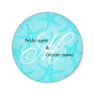 Custom Wedding Monogram Turquoise Starfish Round Stickers