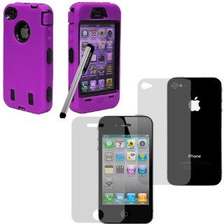 Cell Phone Snap on Cover Fits Apple iPhone 4 4S Armor Purple Hybrid Case (Outside Purple Soft Silicone Skin, Inside Black Front and Back Hard Case) +Pen/Stylus+Front and Back LCD Screen Protective Films AT&T, Verizon (does NOT fit Apple iPhone or iPhon