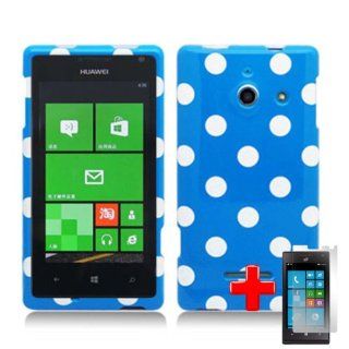Huawei W1 H883G (StraighTalk) 2 Piece Snap On Glossy Hard Plastic Case Cover, White Polka Dot Blue Cover + LCD Clear Screen Saver Protector Cell Phones & Accessories