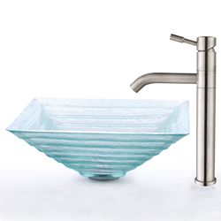 Kraus Square Clear Alexandrite Glass Sink And Steel Faucet