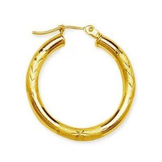 14kt Yellow Gold 3mm x 35mm Diamond Cut Florentine Hoop Earrings Jewelry