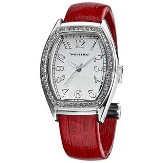 Vernier Ladies Silver Tone Genuine Crystal Stone Bezel Lizard Embossed Bangle Watch Vernier Women's Vernier Watches