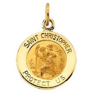 Round Saint Christopher Pendant in Solid Yellow Gold Protect Us Medal 12.00 MM 14 Karat Yellow Jewelry