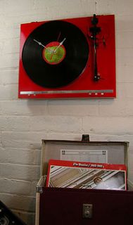 retro red ' sharp ' record player clock by vyconic