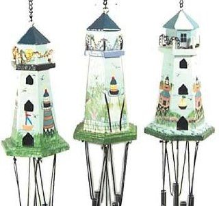 Wooden Lighthouse Windchime With Small Hanging Wooden Ornament 24"  Wind Chimes  Patio, Lawn & Garden