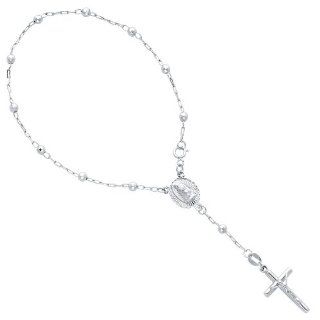 14K White Gold 3mm Beads Our Lady Guadalupe Rosary Bracelet with Spring Ring Clasp   7" Inches Link Bracelets Jewelry