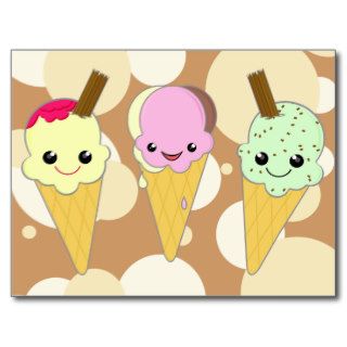 Cute Cartoon Kawaii Ice Cream Cone Trio Postcard