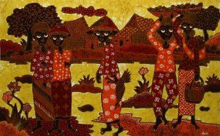 Original Batik Art Painting on Cotton, 'Village Traders' by Agung (75cm x 45cm)   Mixed Media Paintings