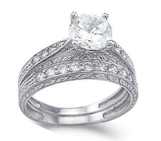 CZ Engagement Ring Wedding Set 14k White Gold Bridal Band (1.50 Carat) Jewel Tie Jewelry