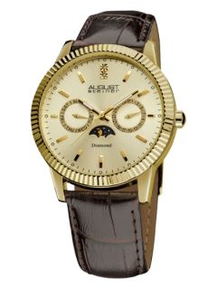 Mens Gold & Embossed Brown Leather Watch by August Steiner