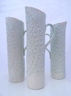 lace embellished porcelain jugs by stephanie earl