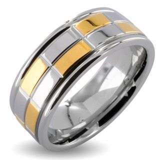 Stainless Steel Two Tone Men's Goldplated Checker Wedding Band West Coast Jewelry Men's Rings