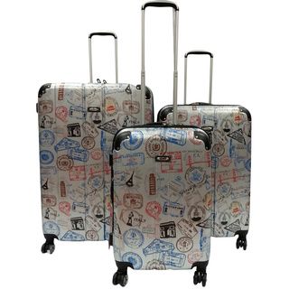 Kemyer Silver Stamp World Series 3 piece Wide Body Polycarbonate Hardside Spinner Luggage Set Kemyer Three piece Sets