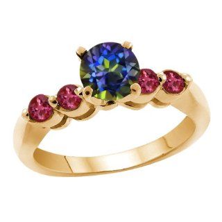 1.16 Ct Blue Mystic Topaz Red Rhodolite Garnet 925 Yellow Gold Plated Silver Ring Jewelry