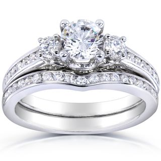 Annello 14k White Gold 1 1/4ct TDW Three Stone Diamond 2 piece Bridal Ring Set (H I, I1 I2) Annello Bridal Sets