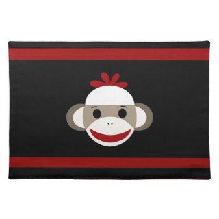 Cute Smiling Sock Monkey Face on Red Black Place Mat