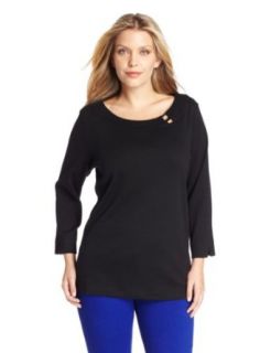 Rafaella Women's Plus Size Solid 1X1 3/4 Sleeve Top, Basic Black, 1X