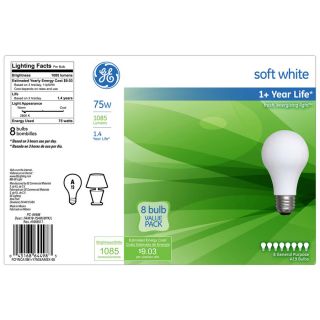 GE 8 Pack 75 Watt A19 Medium Base Soft White Incandescent Light Bulbs