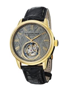 Mens Tourbillon Gold Tone Meteorite Dial Watch by Stuhrling Prestige