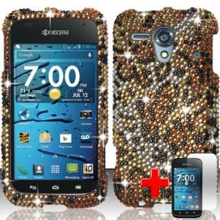 Kyocera Hydro EDGE C5215 (Sprint/Boost Mobile) 2 Piece Snap On Rhinestone/Diamond/Bling Hard Plastic Case Cover, Black Cheetah Spot Pattern Gold/Silver Cover + LCD Clear Screen Saver Protector Cell Phones & Accessories