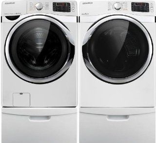 Samsung White 4.5 Cu Ft Front Load Washer and 7.5 Cu Ft Steam Electric Dryer with Pedestals WF455ARGSWR DV455EVGSWR WE357A0W Appliances