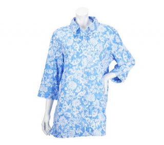 Denim & Co. 3/4 Sleeve Button Front Floral Print Big Shirt —