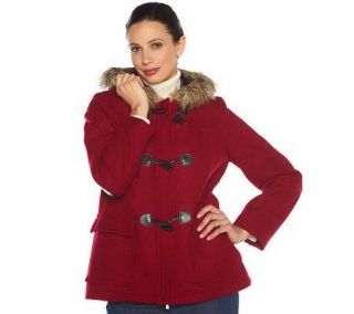 Isaac Mizrahi Live Toggle Coat with Faux Fur & Elbow Patches —