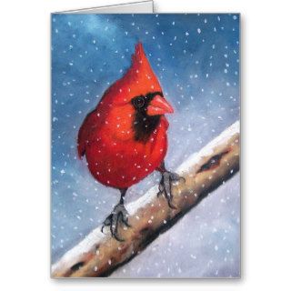 BIRD CARDINAL SNOW OIL PASTEL ART GREETING CARD