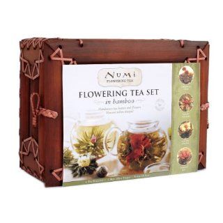 Numi Organic Tea Flowering Gift Set in Handcrafted Mahogany Bamboo Chest Glass Teapot & 6 Flowering Tea Blossoms  Gourmet Tea Gifts  Grocery & Gourmet Food