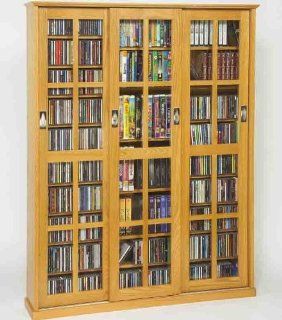 Sliding Door Inlaid Glass Mission Style Multimedia Cabinet (MS 1050 Series) Oak   Cd Storage Racks