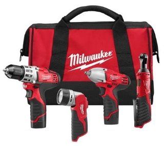 Milwaukee 2493 24 M12 4 Tool Combo Kit with 1/4" Ratchet, Work Light, 3/8" Drill Driver and 3/8" Squ   Power Tool Combo Packs  