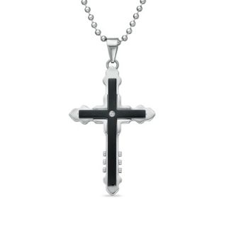 Mens Black Ion Plated Stainless Steel Cross Pendant with Diamond