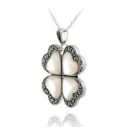 Glitzy Rocks Silver Marcasite and Mother of Pearl Heart Flower Necklace Glitzy Rocks Gemstone Necklaces