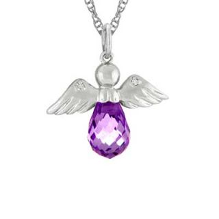 Simulated Briolette Birthstone Angel Charm Pendant in 10K White or