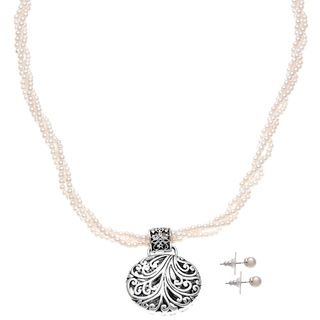 Roman Silvertone White Faux Pearl Artisan Filigree Jewelry Set Roman Fashion Necklaces