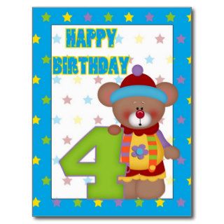 Happy Birthday 4 year old Clown Bear Post Card