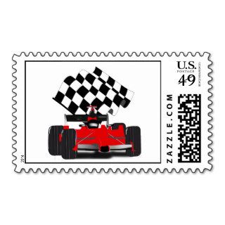 Red Race Car with Checkered Flag Postage Stamp