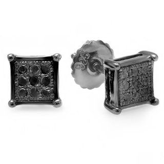 0.10 Carat (ctw) Sterling Silver Real Diamond Black Rhodium Plated Square Shaped Mens Hip Hop Iced Blackout Stud Earrings 1/10 CT Jewelry