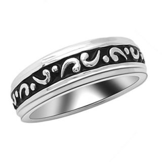 Mens Scrolled Wedding Band in Sterling Silver with Black Enameling